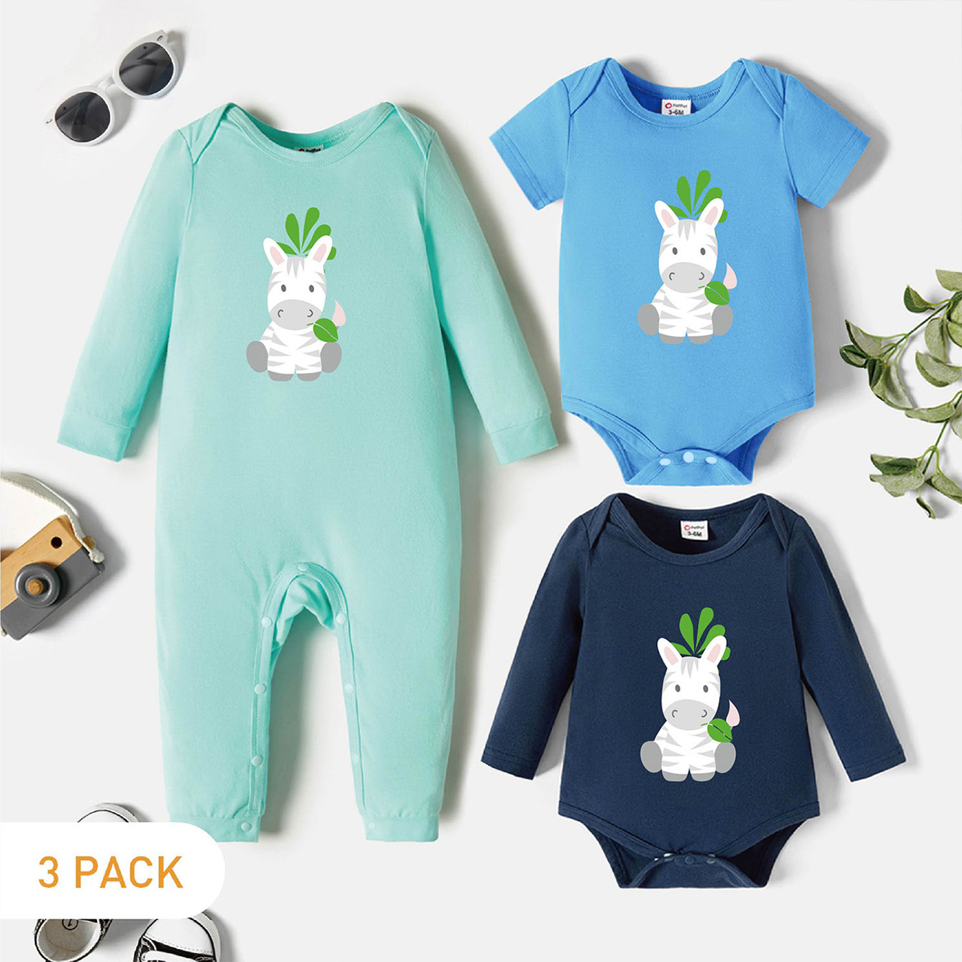

3-Pack Baby Graphic Zebra Print Romper Jumpsuit Set