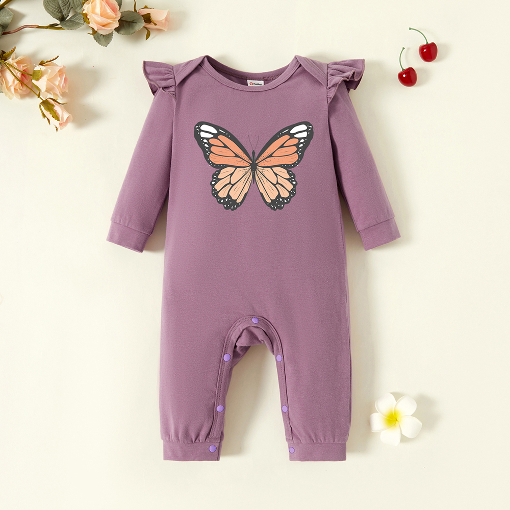 

Baby Girl Graphic Butterfly Print Ruffled Long-sleeve Jumpsuit