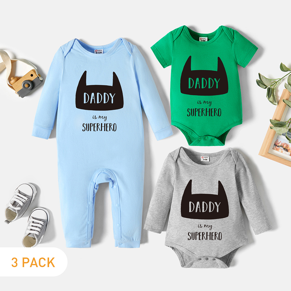 

3-Pack Baby Graphic Letter and Mask Print Romper Jumpsuit Set