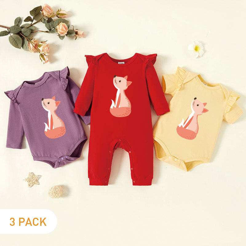 

3-Pack Baby Graphic Flutter-sleeve Romper and Jumpsuit Set