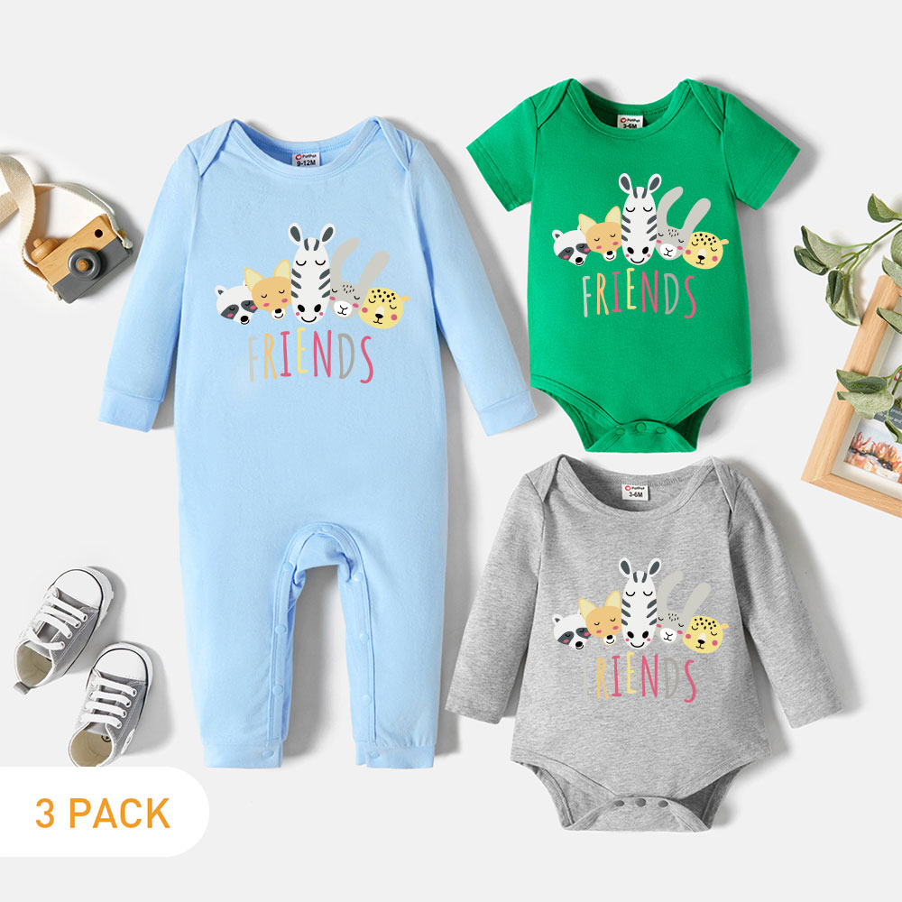 

3-Pack Baby Graphic Animal and Letter Print Romper Jumpsuit Set