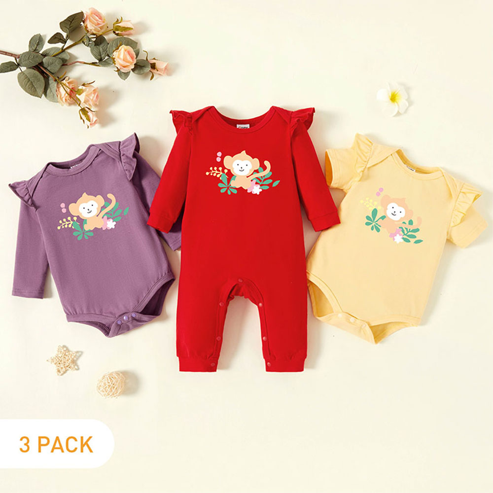 

3-Pack Baby Graphic Flutter-sleeve Romper and Jumpsuit Set