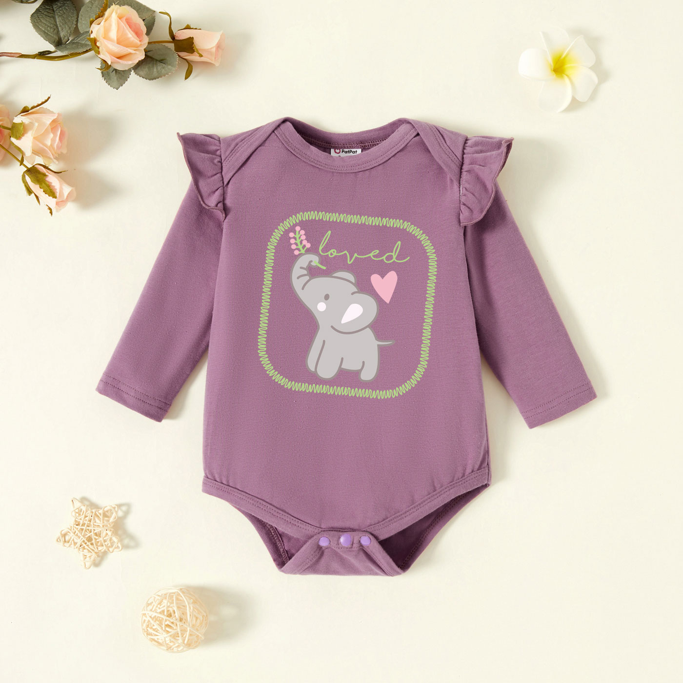 

Baby Graphic Flutter-sleeve Beige Long-sleeve Romper