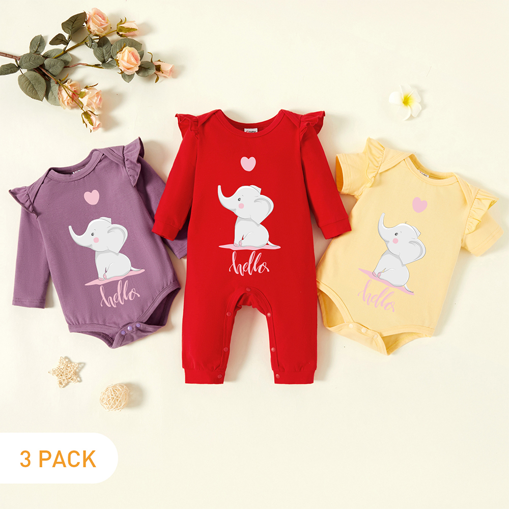 

3-Pack Baby Girl Graphic Elephant and Heart and Letter Print Ruffled Romper Jumpsuit Set