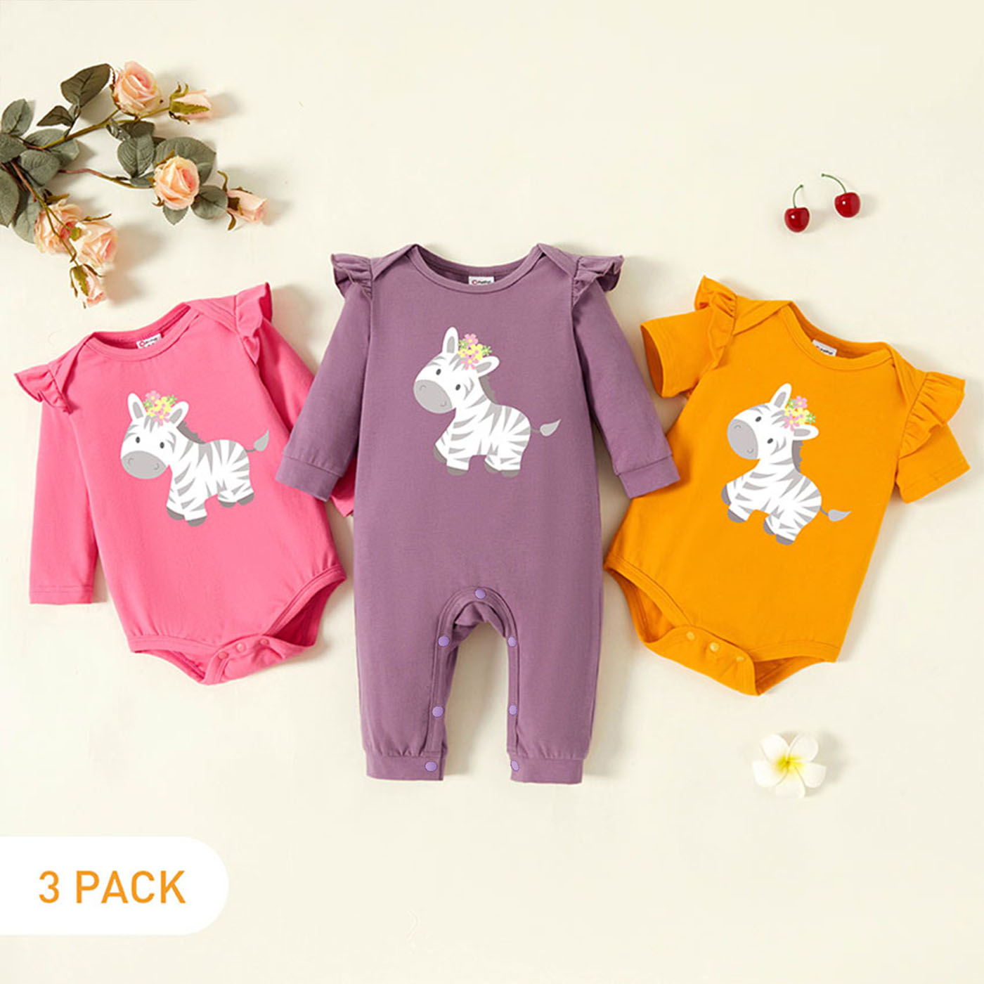 

3-Pack Baby Graphic Flutter-sleeve Romper and Jumpsuit Set