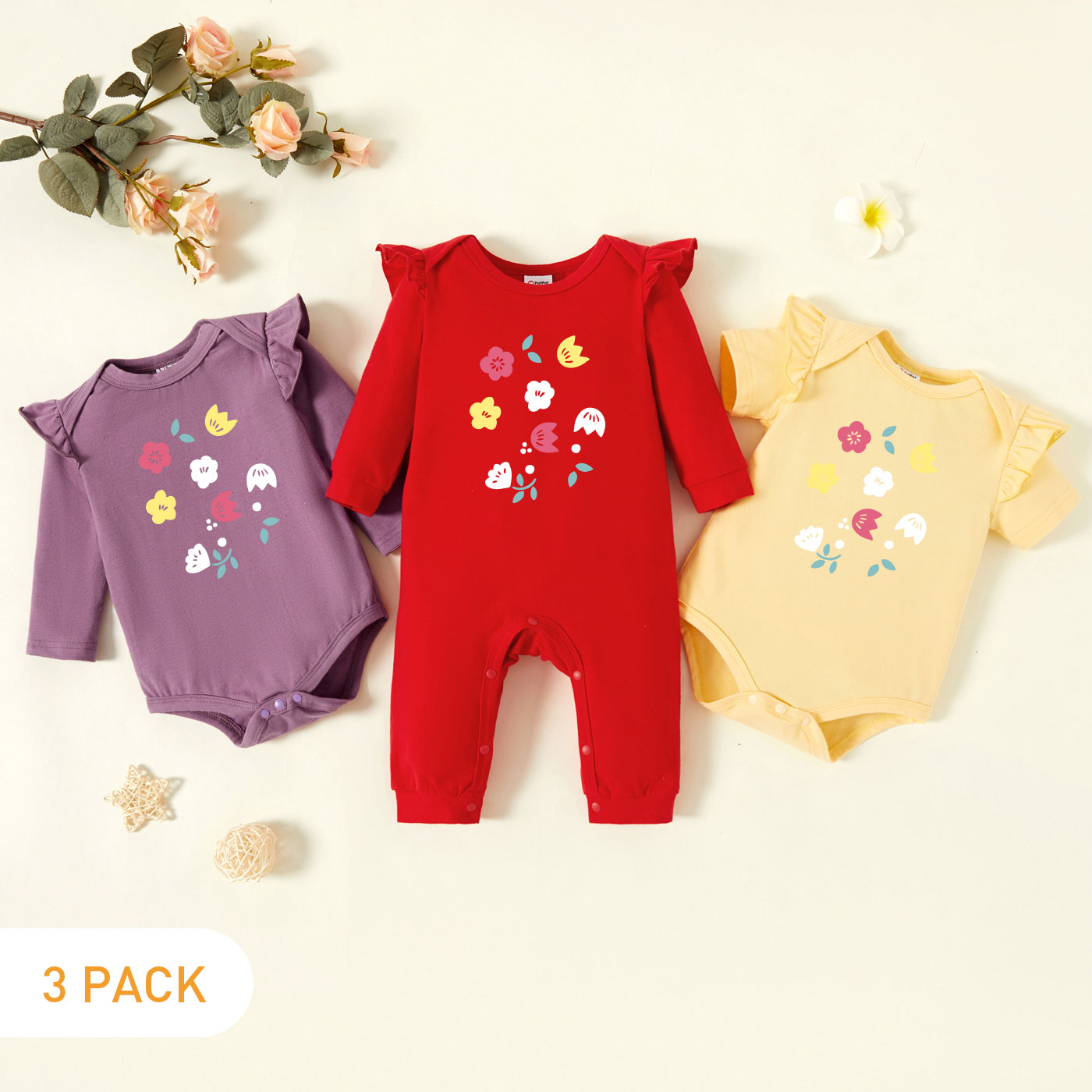 

3-Pack Baby Graphic Flutter-sleeve Romper and Jumpsuit Set
