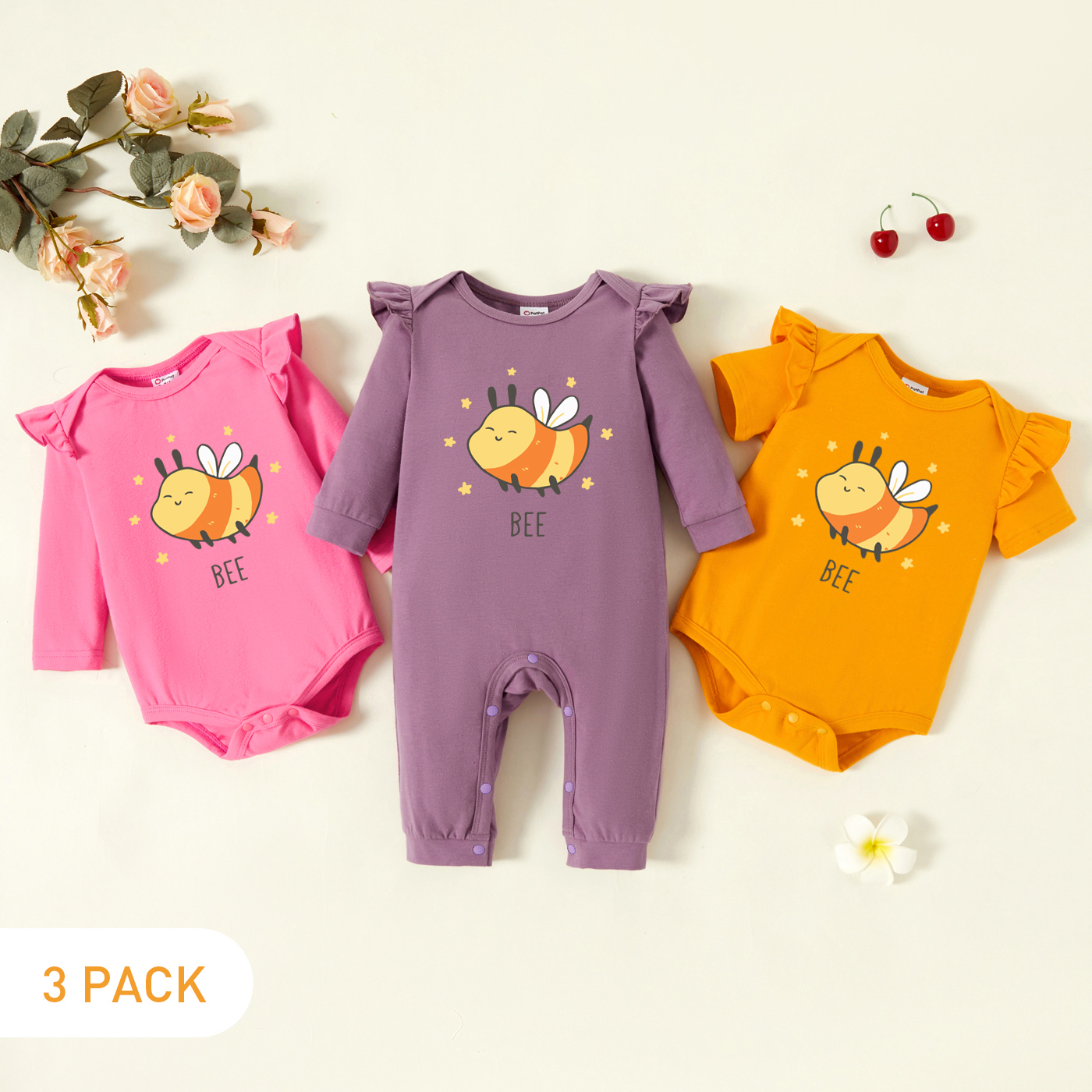 

3-Pack Baby Graphic Flutter-sleeve Romper and Jumpsuit Set