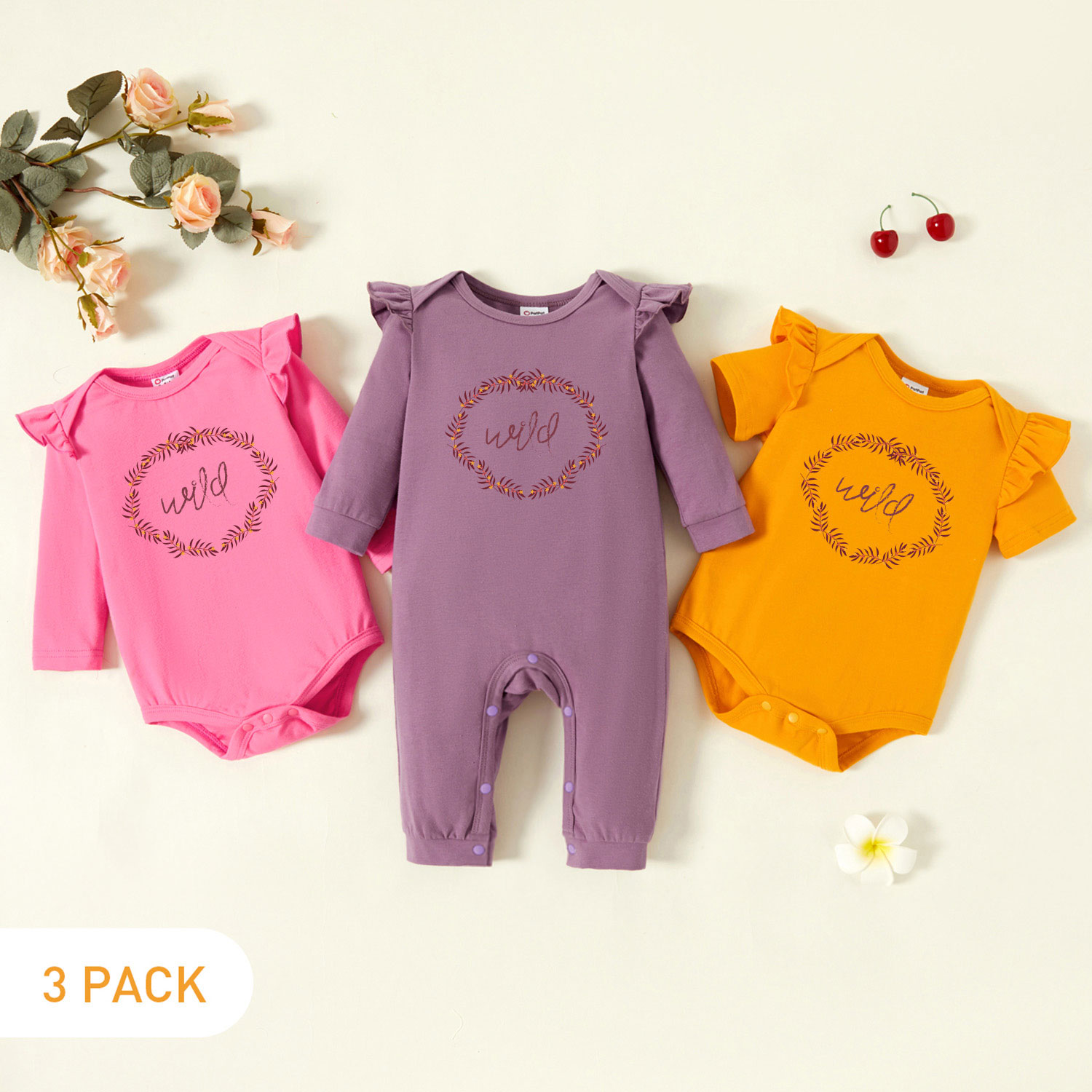 

3-Pack Baby Graphic Flutter-sleeve Romper and Jumpsuit Set