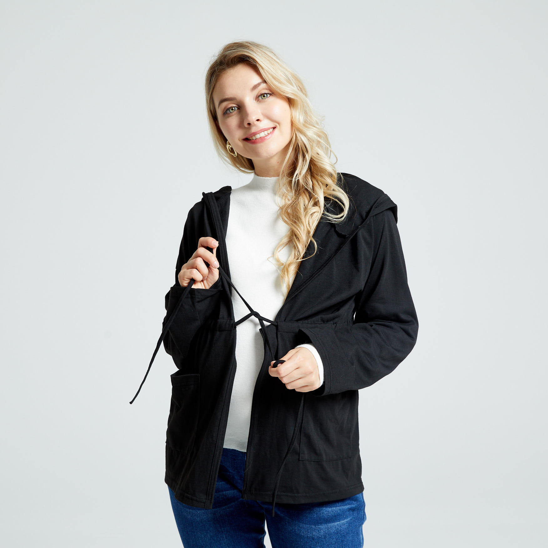 

Maternity Black Drawstring Long-sleeve Hooded Coat