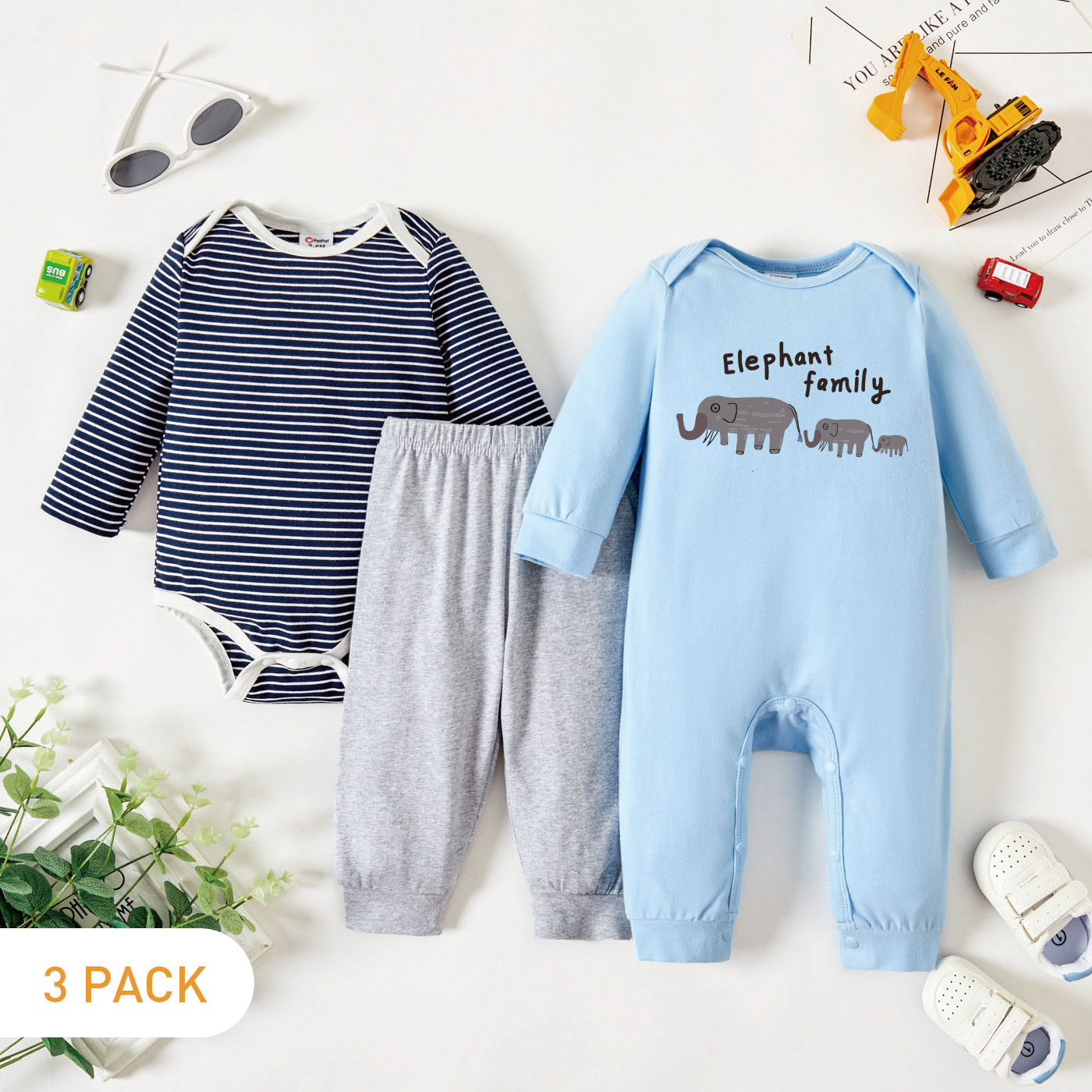 

3-Pack Baby Graphic & Striped Romper Jumpsuit Pants Set