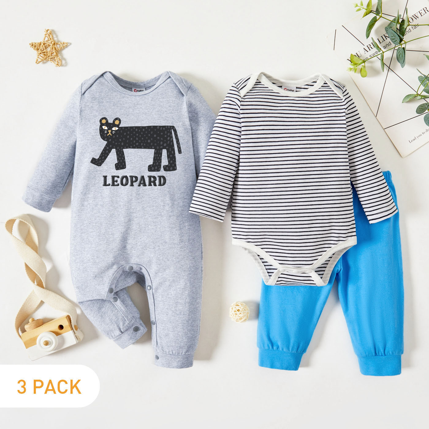 

3-Pack Baby Graphic Leopard and Letter Print Striped Long-sleeve Romper Jumpsuit Pants Set