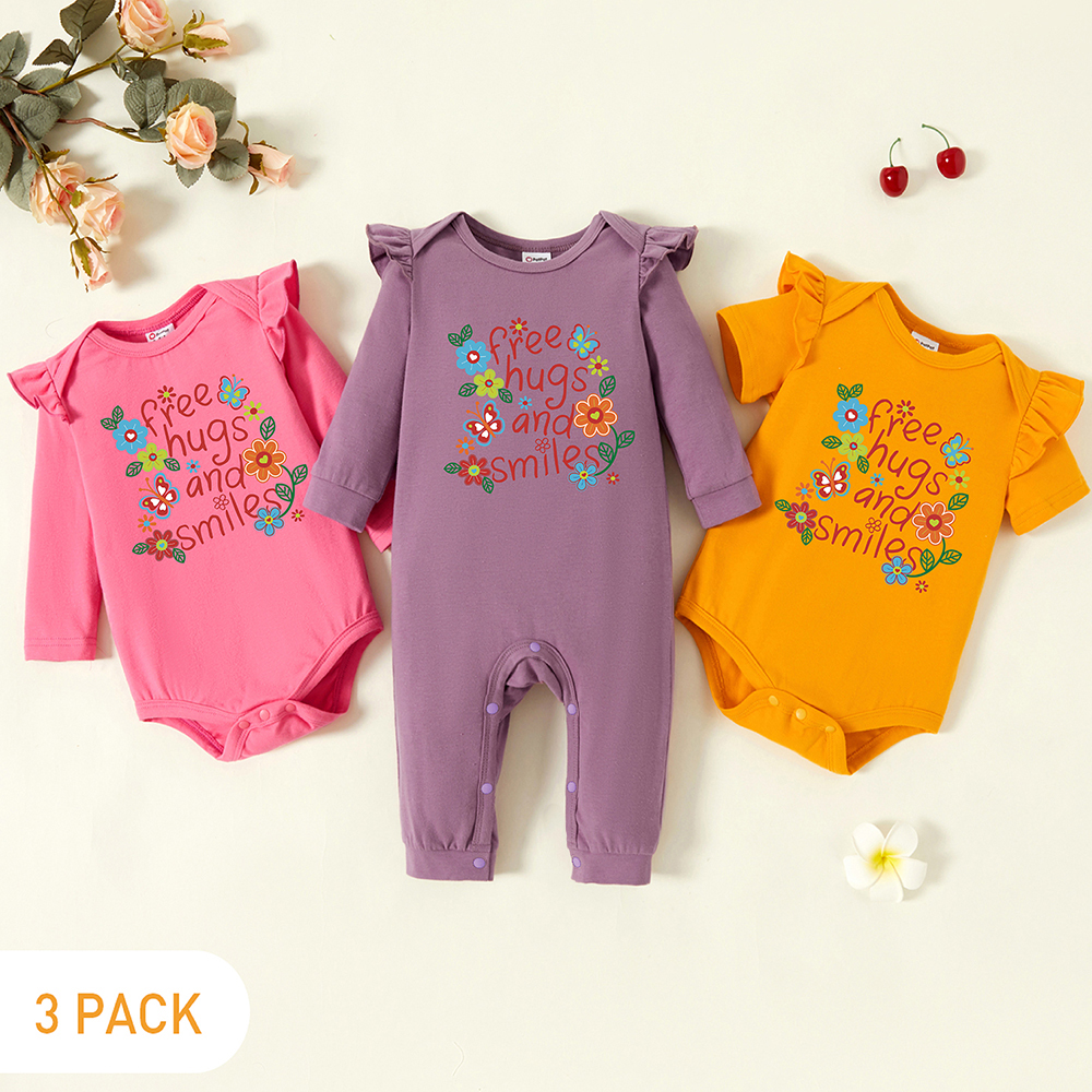 

3-Pack Baby Graphic Flutter-sleeve Romper and Jumpsuit Set