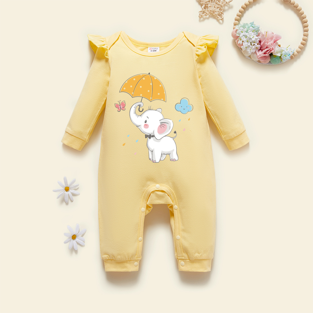 

Baby Girl Graphic Elephant and Rainy and Butterfly Print Ruffled Long-sleeve Jumpsuit