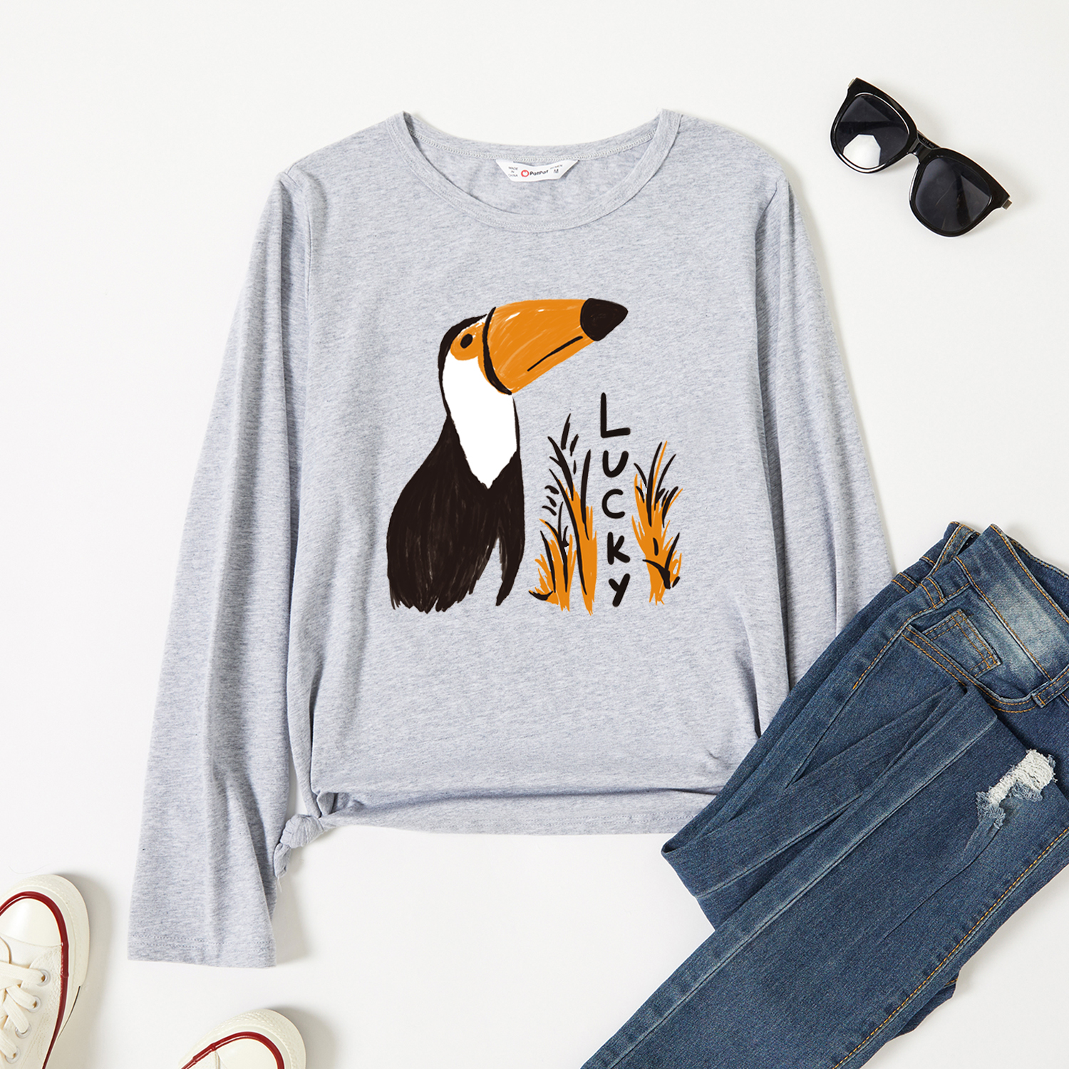 

Graphic Light gray Long-sleeve Round-collar Tee for Women