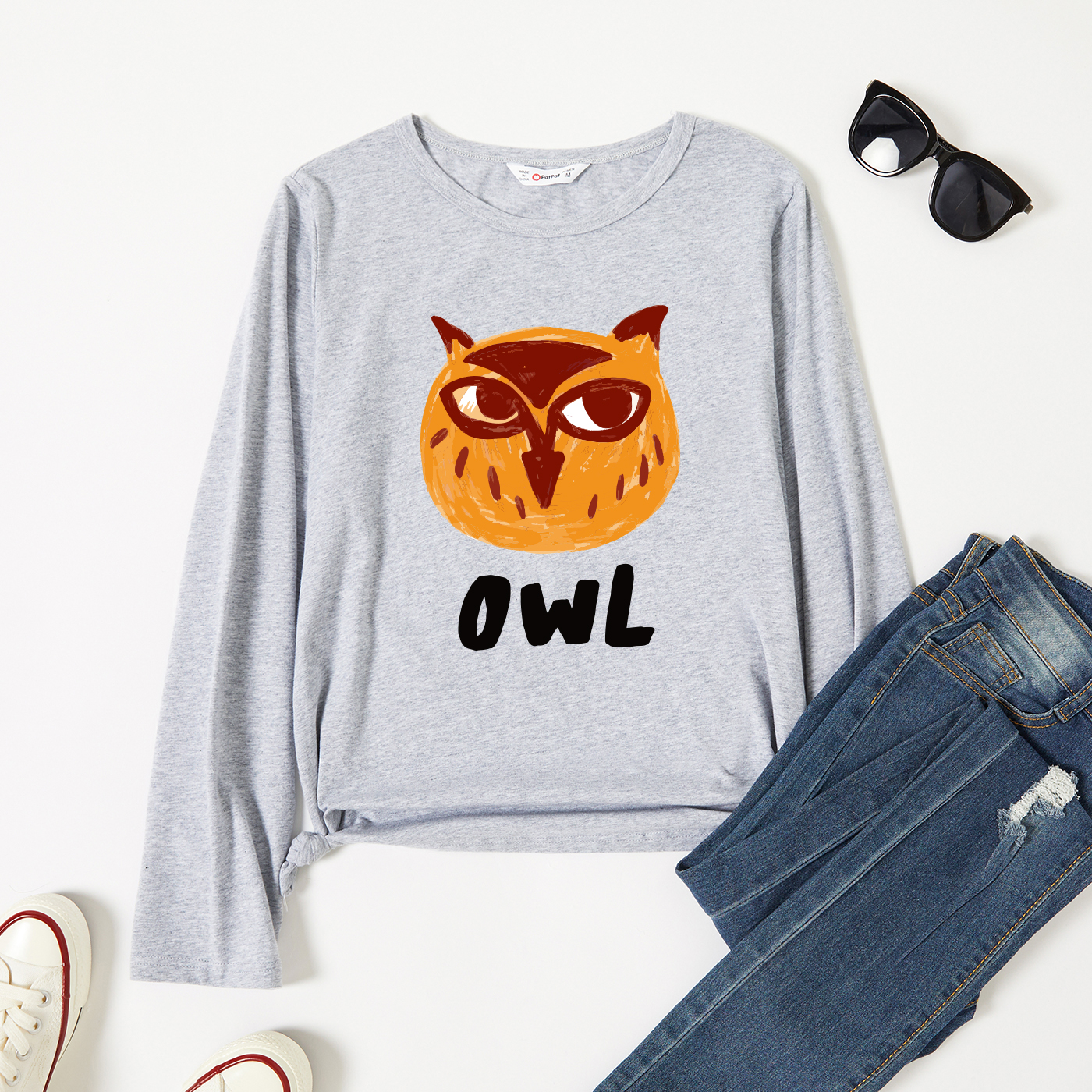 

Graphic Light gray Long-sleeve Round-collar Tee for Women