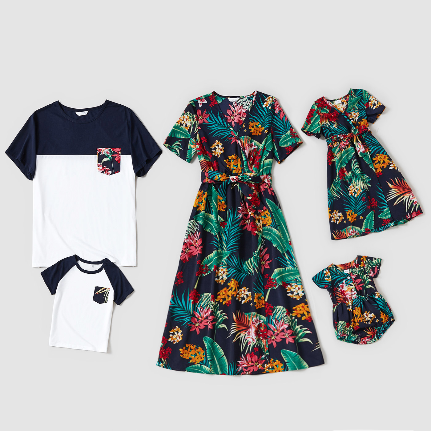 

Floral Print Family Matching Sets(V-neck Belted Midi Dresses and Short-sleeve T-shirts)