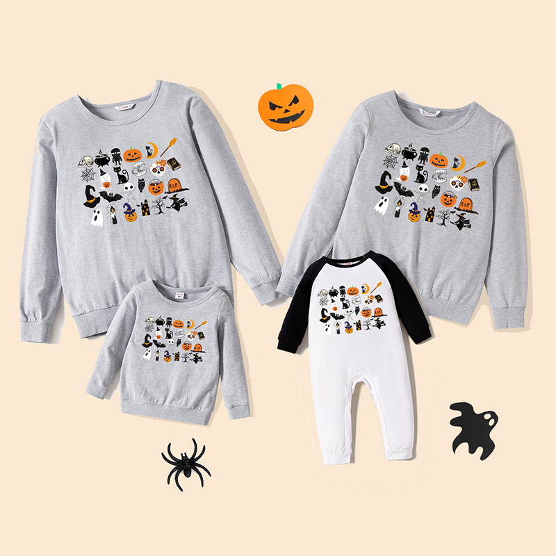 

100% Cotton Halloween Graphic Print Grey Family Matching Long-sleeve Sweatshirts