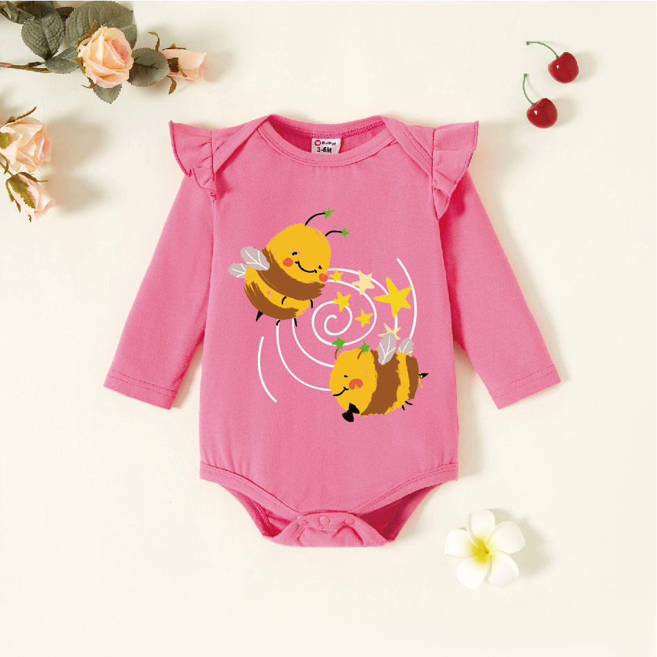 

Baby Graphic Flutter-sleeve Deep pink Long-sleeve Romper