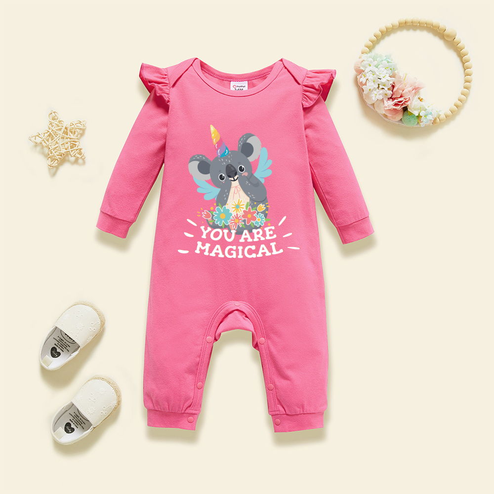 

Baby Graphic Flutter-sleeve Deep pink Long-sleeve Jumpsuit