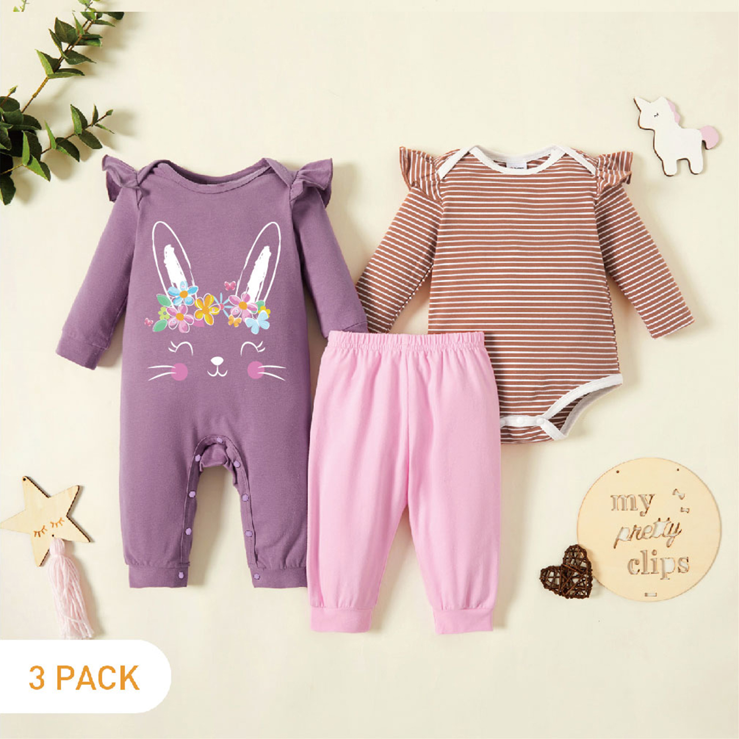 

3-Pack Baby Girl Graphic Rabbit and Floral Print Striped Ruffled Long-sleeve Romper Jumpsuit Pants Set