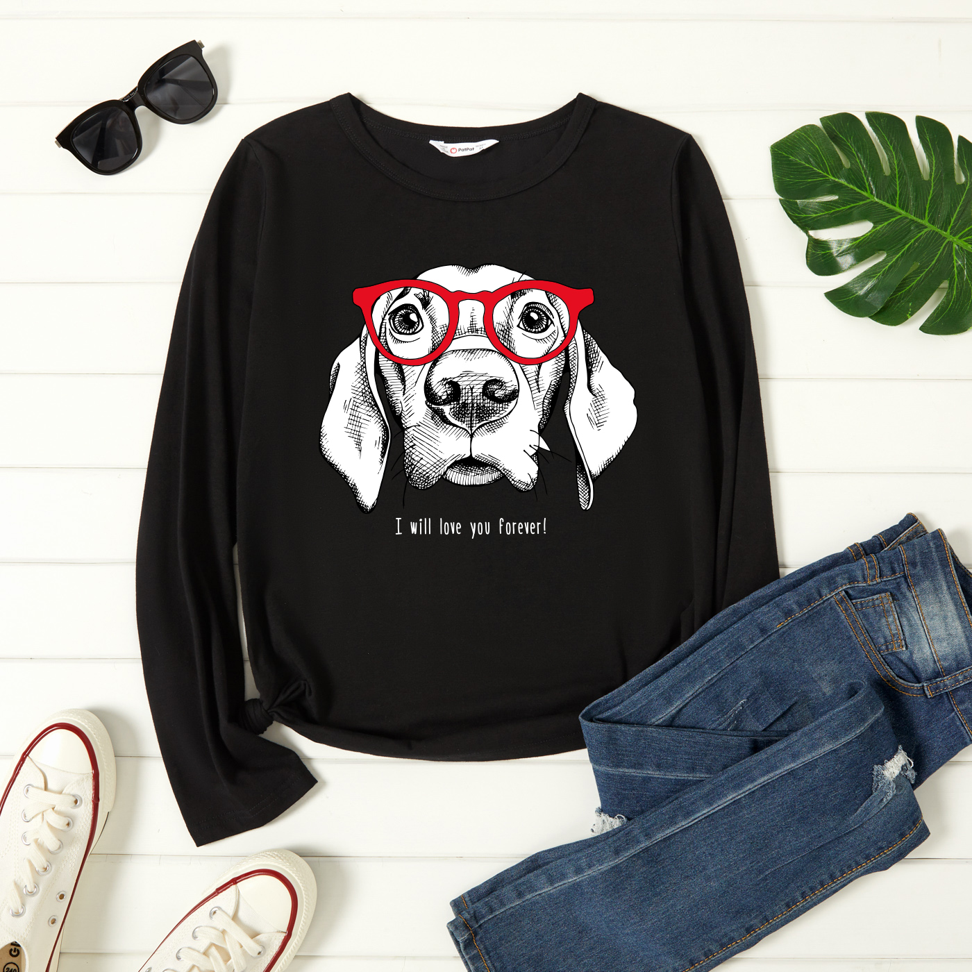 

Graphic Black Long-sleeve Round-collar Tee for Women