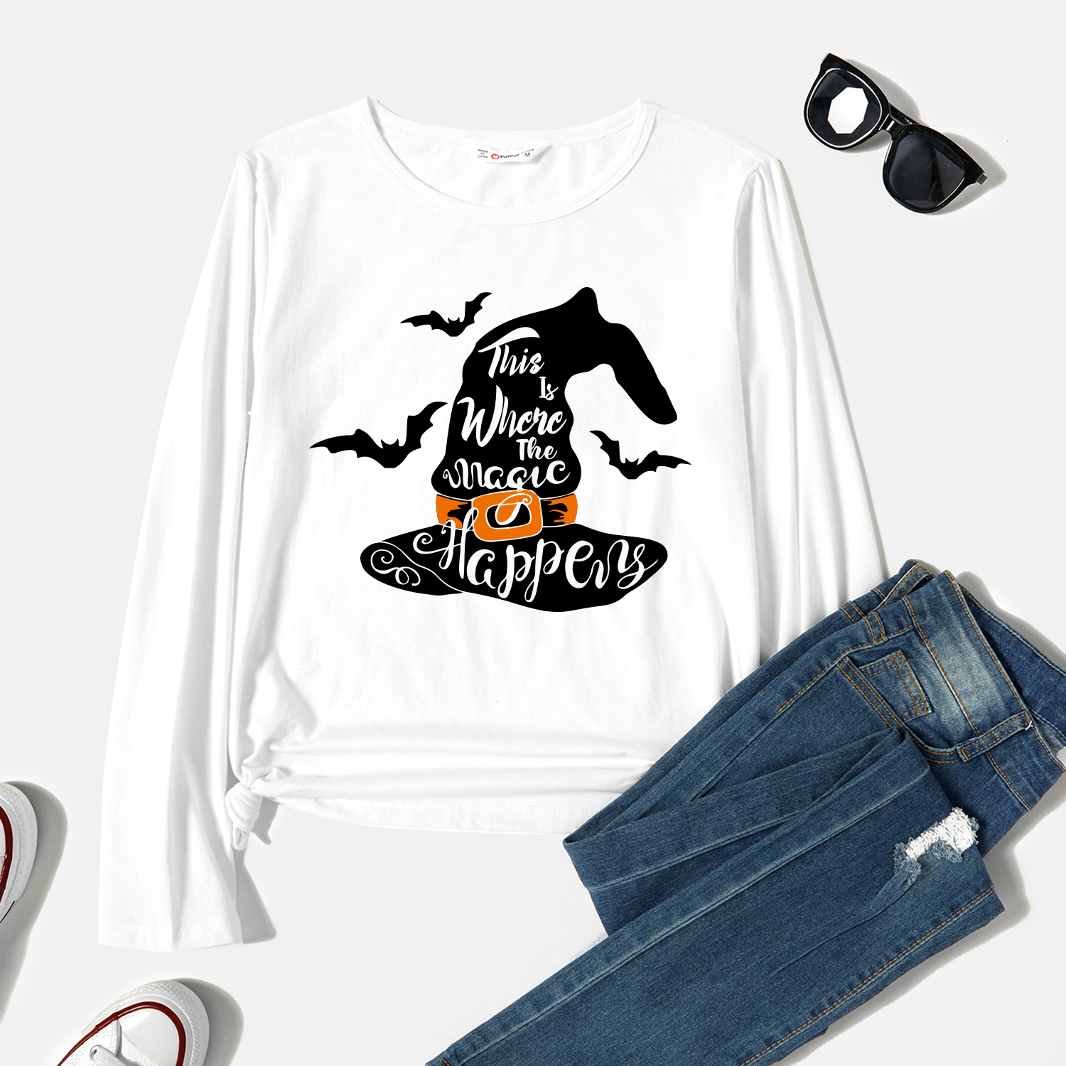 

Halloween Women Graphic Bat and Wizard Hat and Letter Print Round-collar Long-sleeve Tee