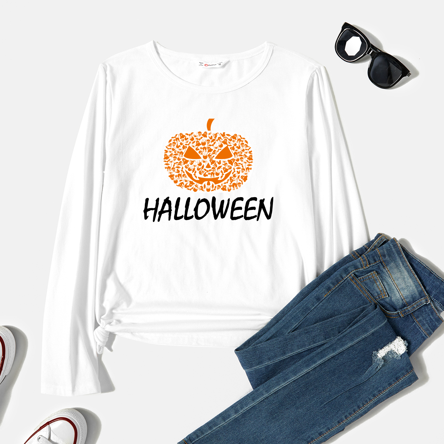 

Graphic White Long-sleeve Round-collar Tee for Women