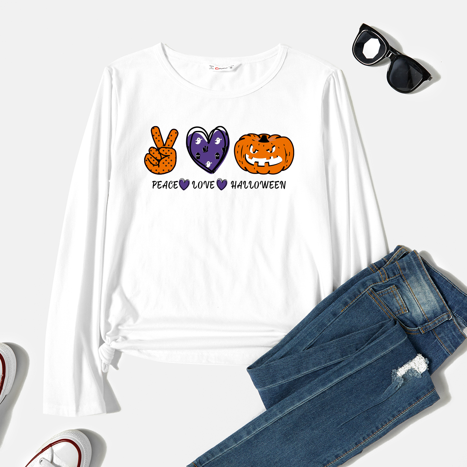 

Graphic White Long-sleeve Round-collar Tee for Women