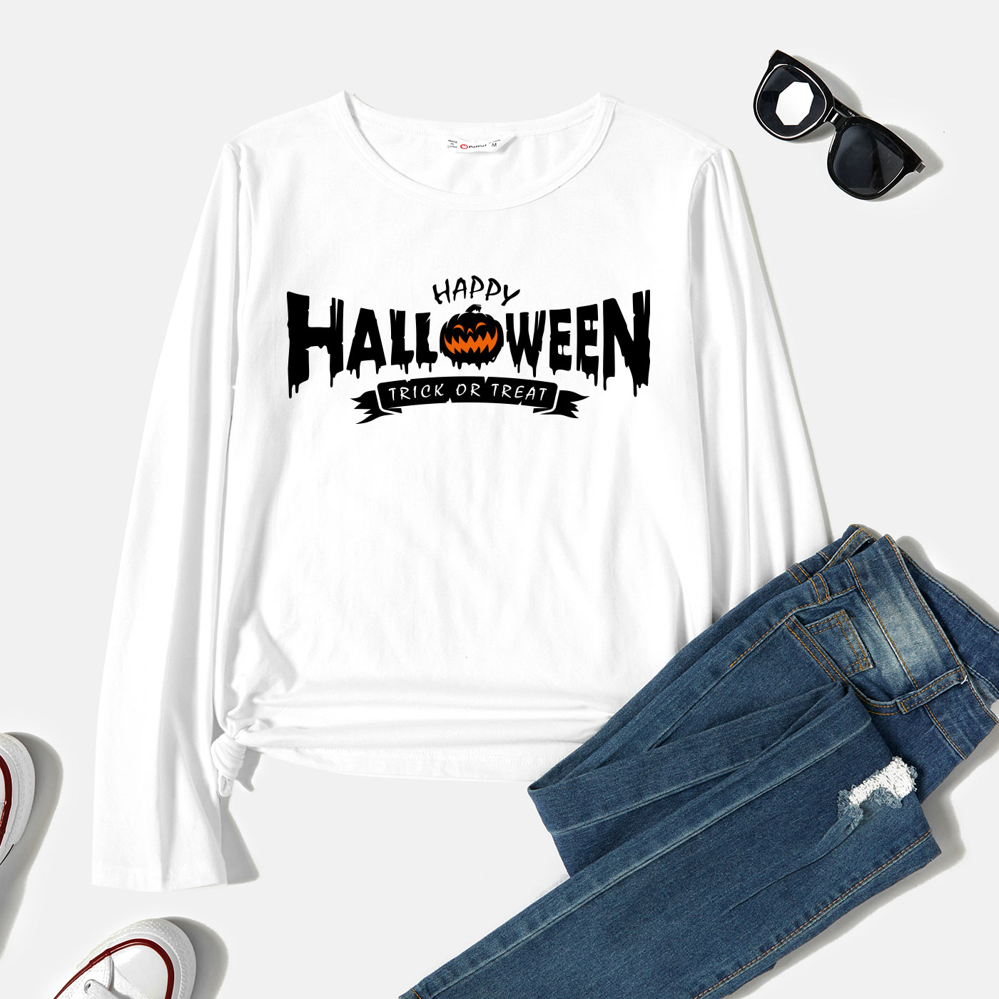 

Graphic White Long-sleeve Round-collar Tee for Women