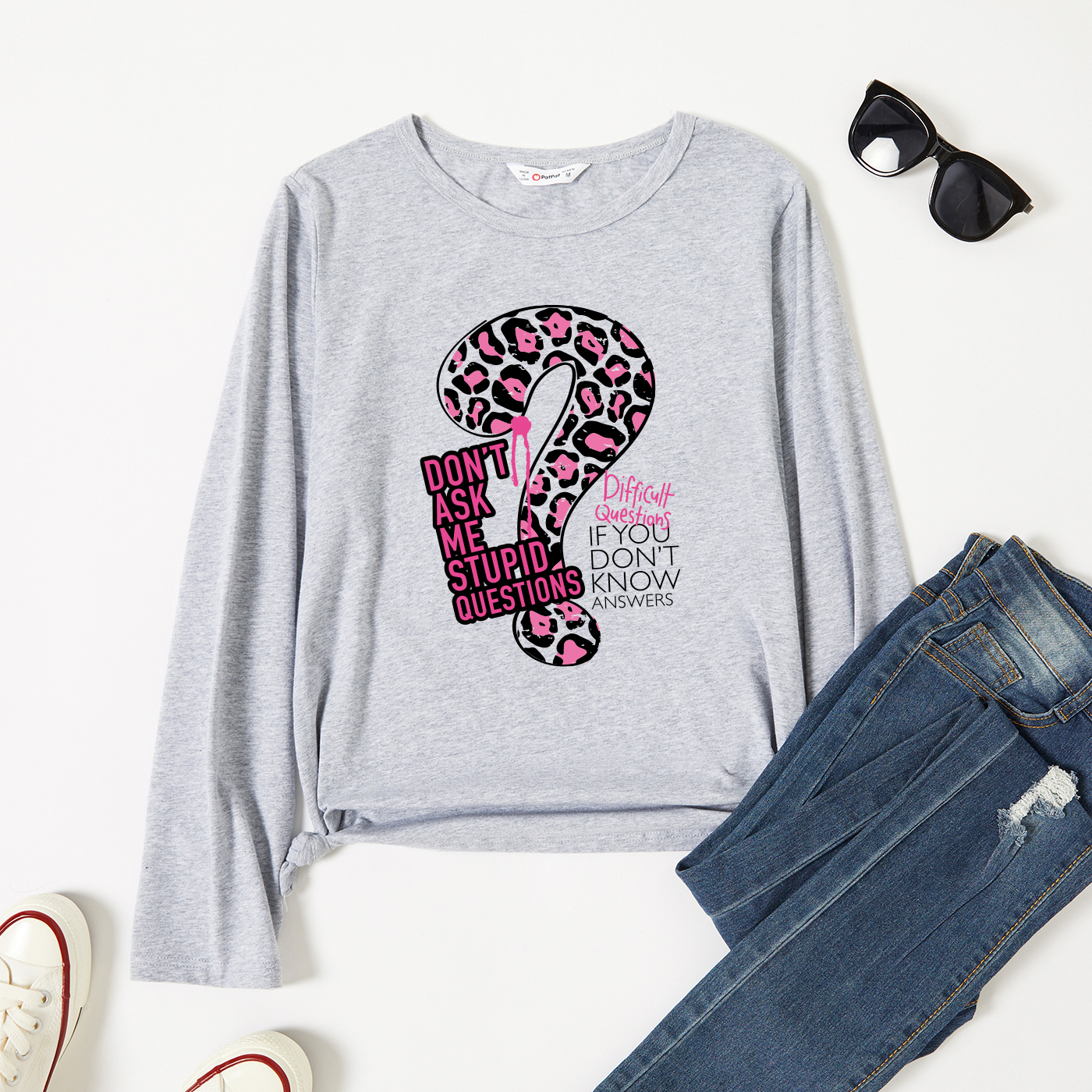 

Graphic Light gray Long-sleeve Round-collar Tee for Women