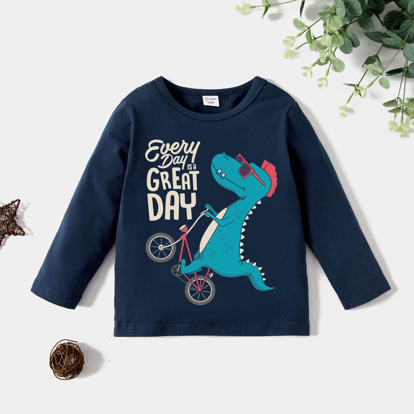 

Toddler Boy Graphic Dinosaur and Bicycle and Letter Print Long-sleeve Tee