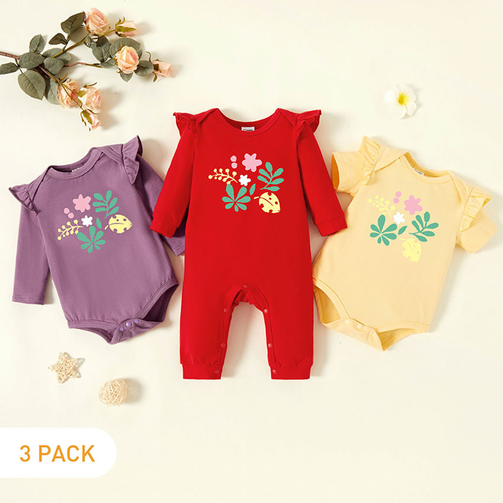 

3-Pack Baby Graphic Flutter-sleeve Romper and Jumpsuit Set