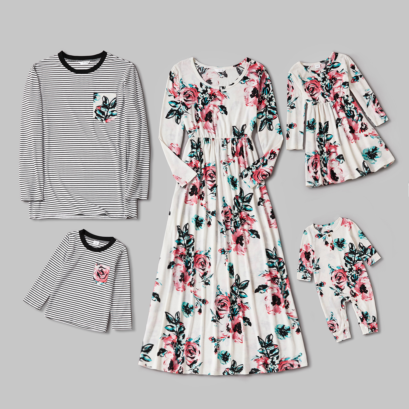 

Floral Print Family Matching Sets(Long-sleeve Maxi Dresses and Striped T-shirts)