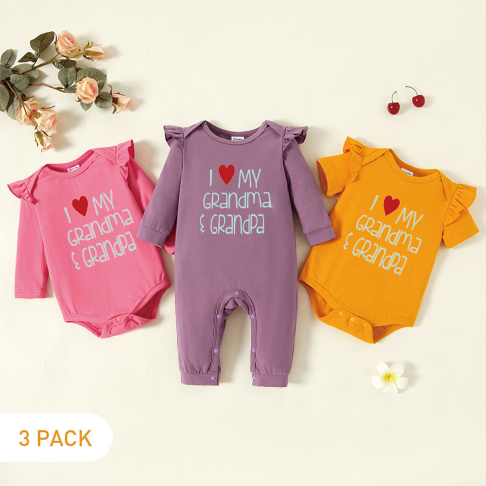 

3-Pack Baby Girl Graphic Heart and Letter Print Ruffled Romper Jumpsuit Set