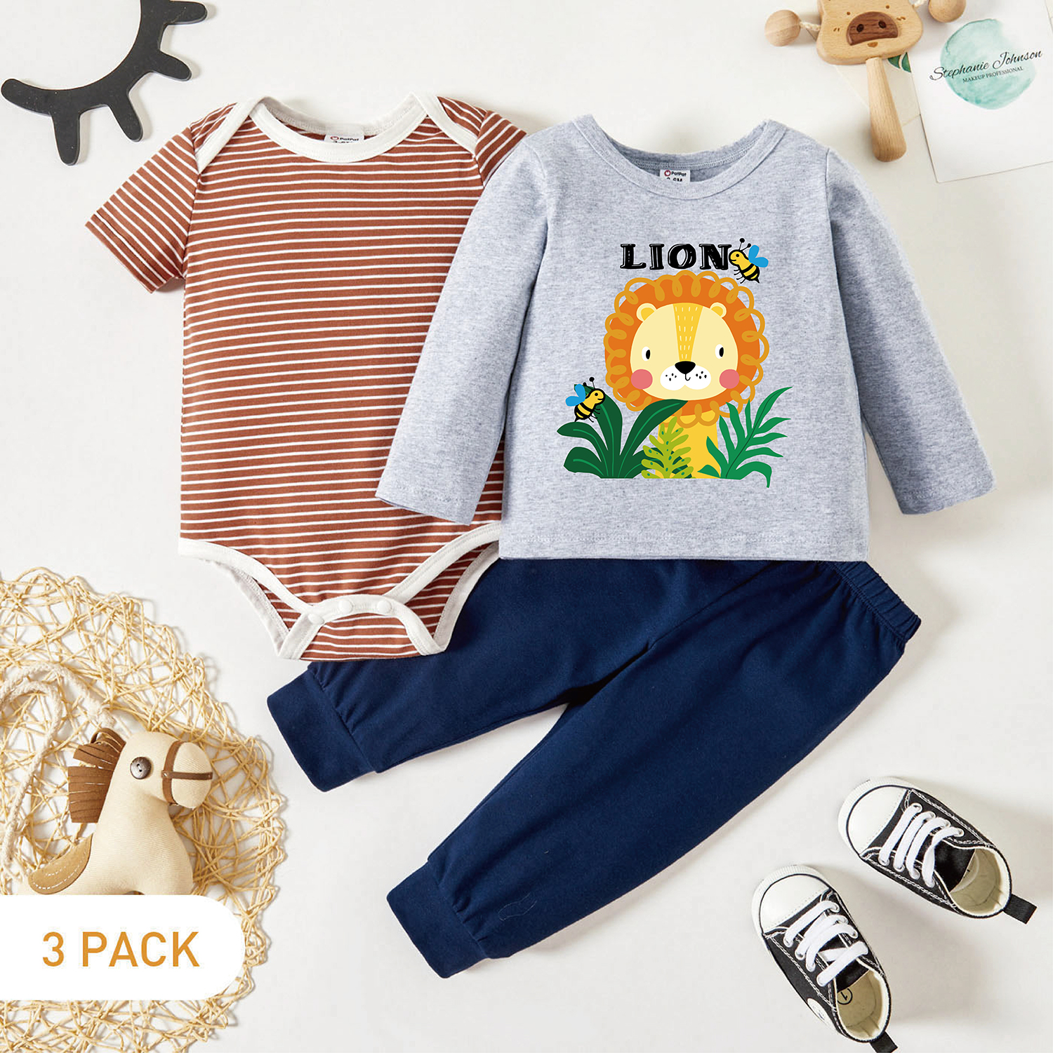 

3-Pack Baby Graphic Lion and Plant and Letter Print Long-sleeve Tee & Striped Short-sleeve Romper & Pants Set