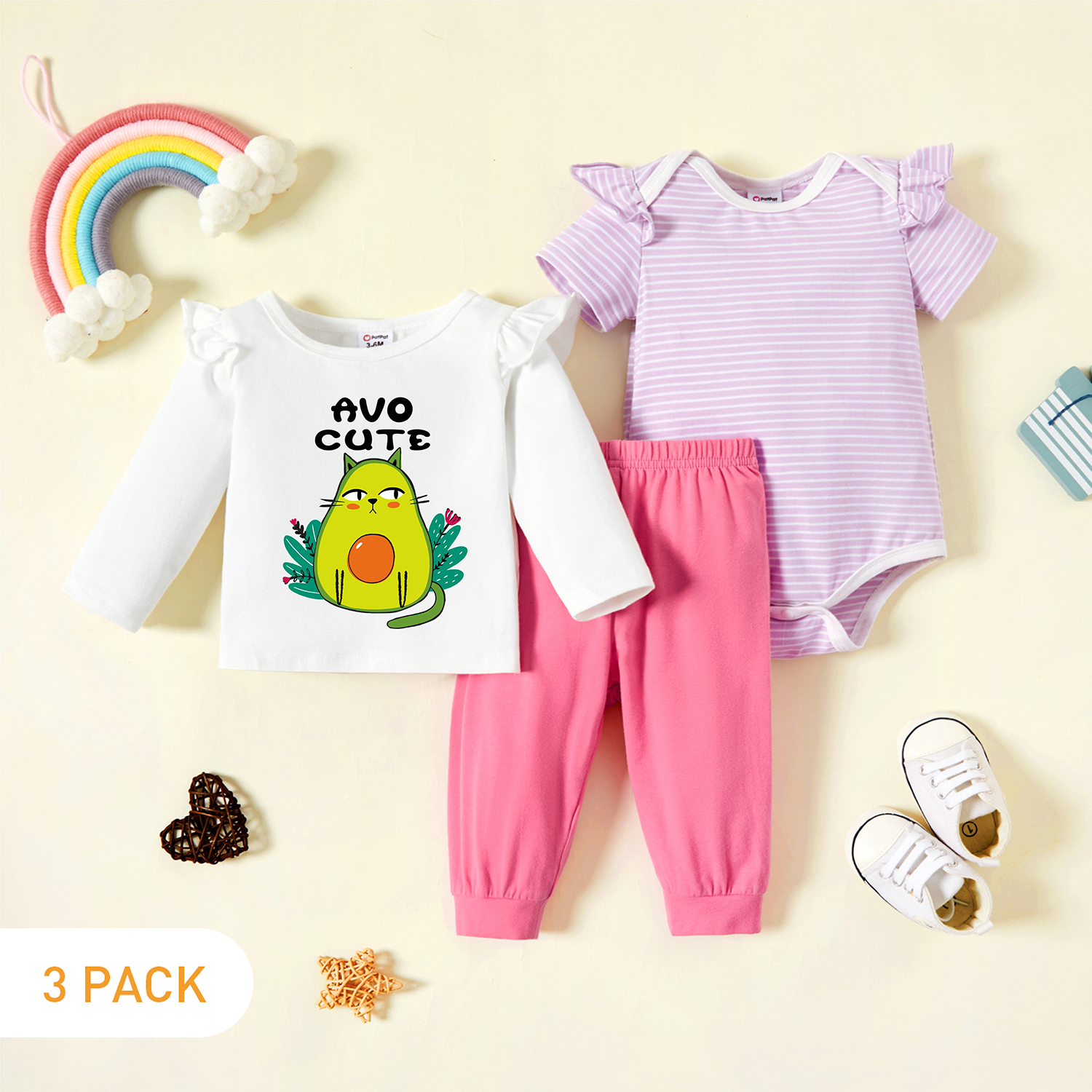 

3-Pack Baby Graphic & Striped Ruffled Romper Tee Pants Set