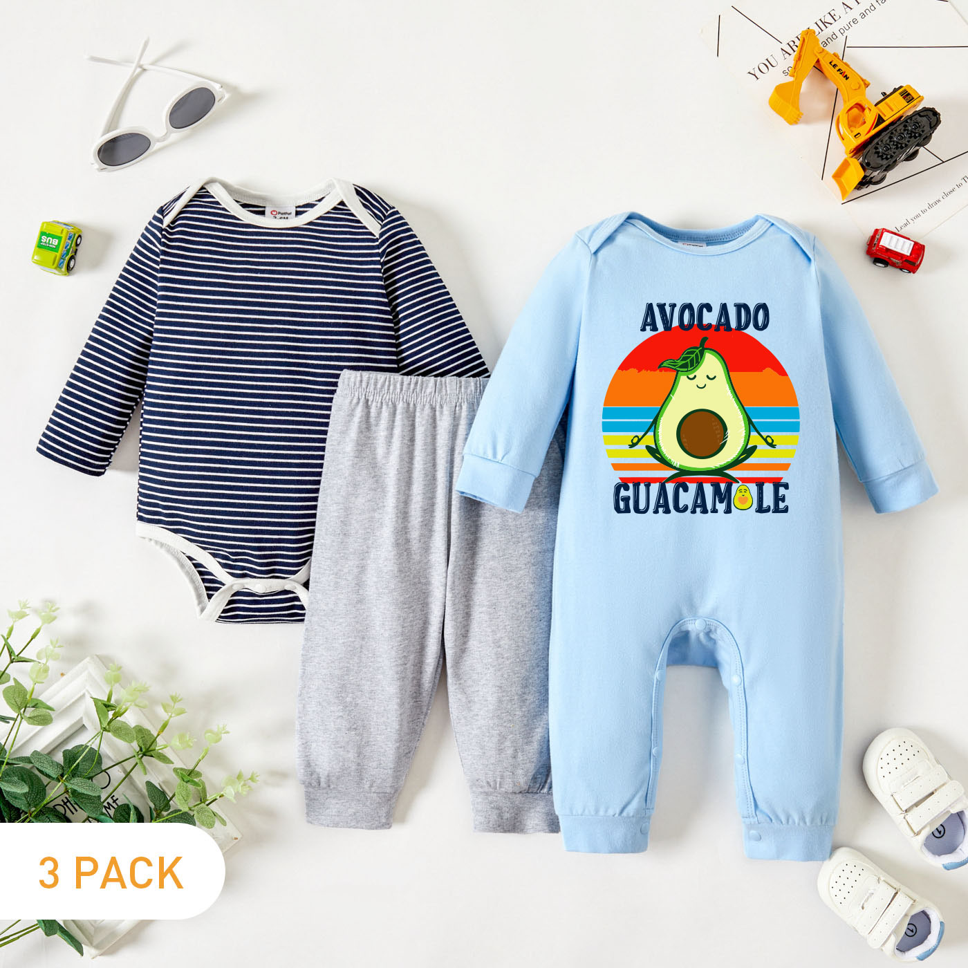 

3-Pack Baby Graphic & Striped Romper Jumpsuit Pants Set