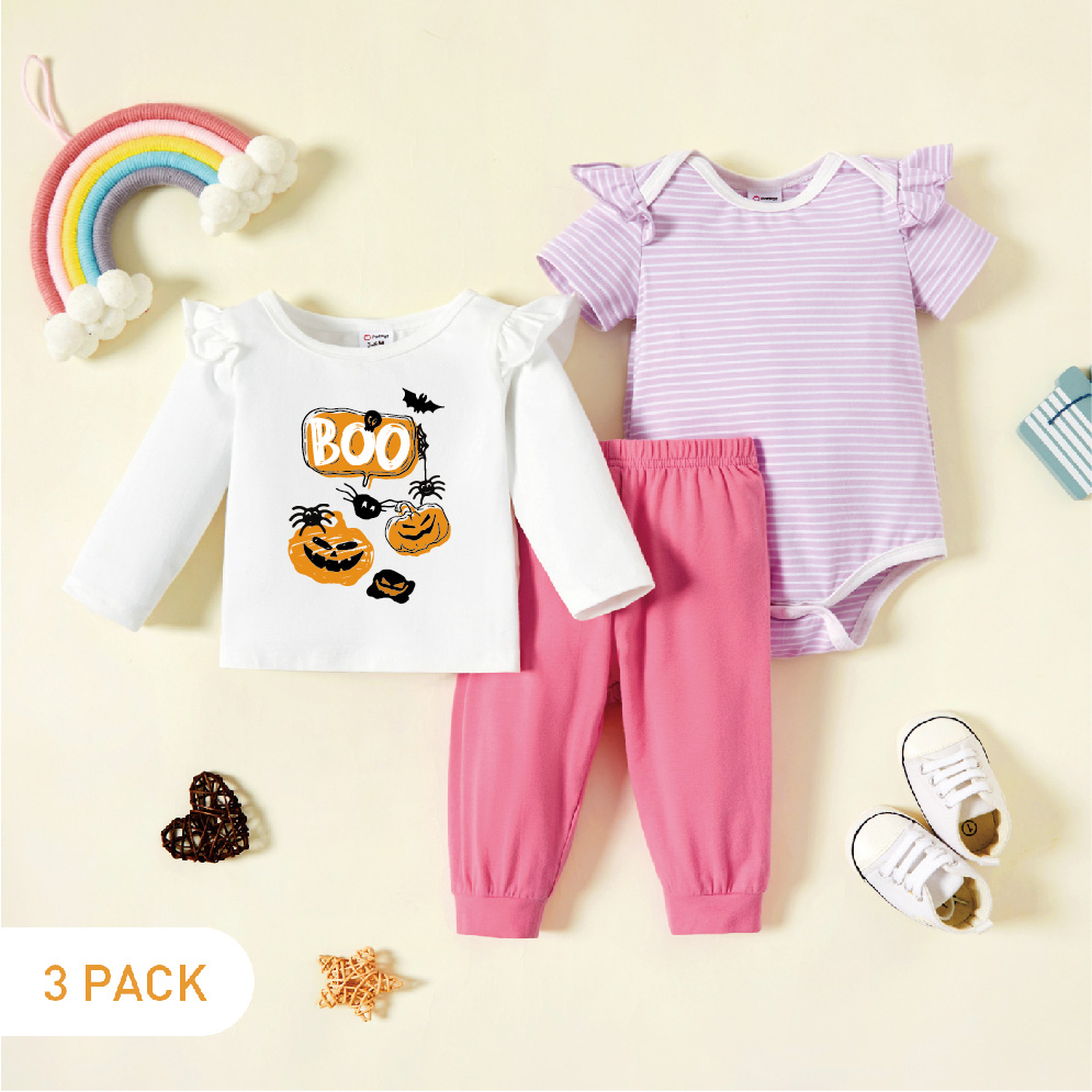 

3-Pack Baby Graphic & Striped Ruffled Romper Tee Pants Set