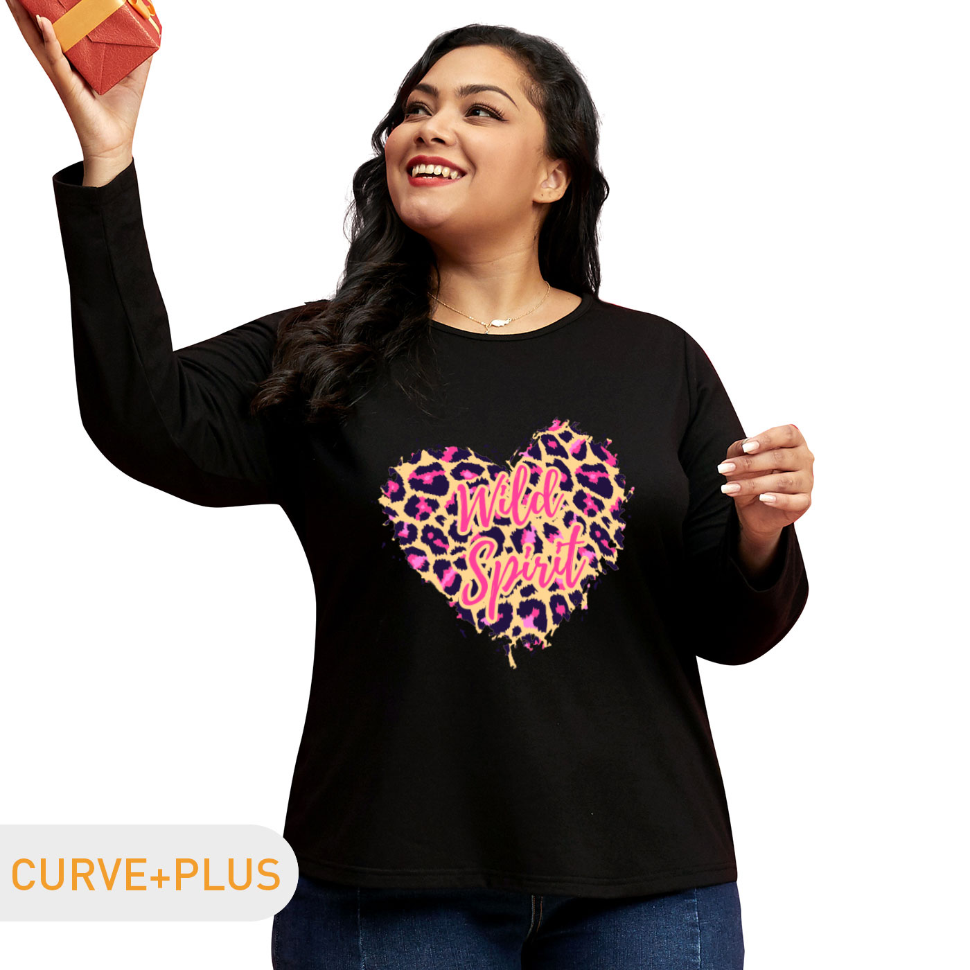

Women Plus Size Graphic Heart-shaped and Leopard and Letter Print Round Neck Long-sleeve Tee
