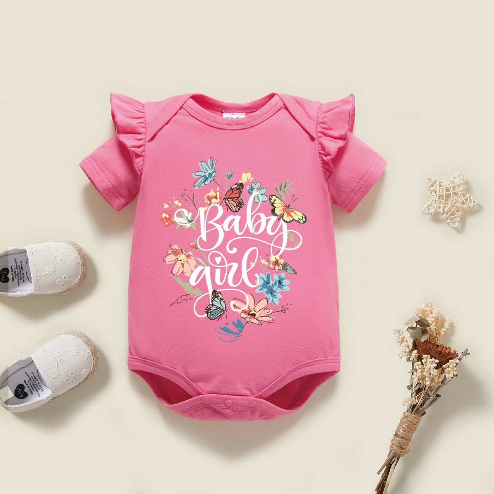 

Baby Girl Graphic Floral and Butterfly and Letter Print Ruffled Short-sleeve Romper