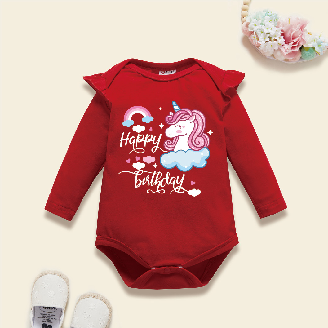 

Baby Graphic Flutter-sleeve Red Long-sleeve Romper