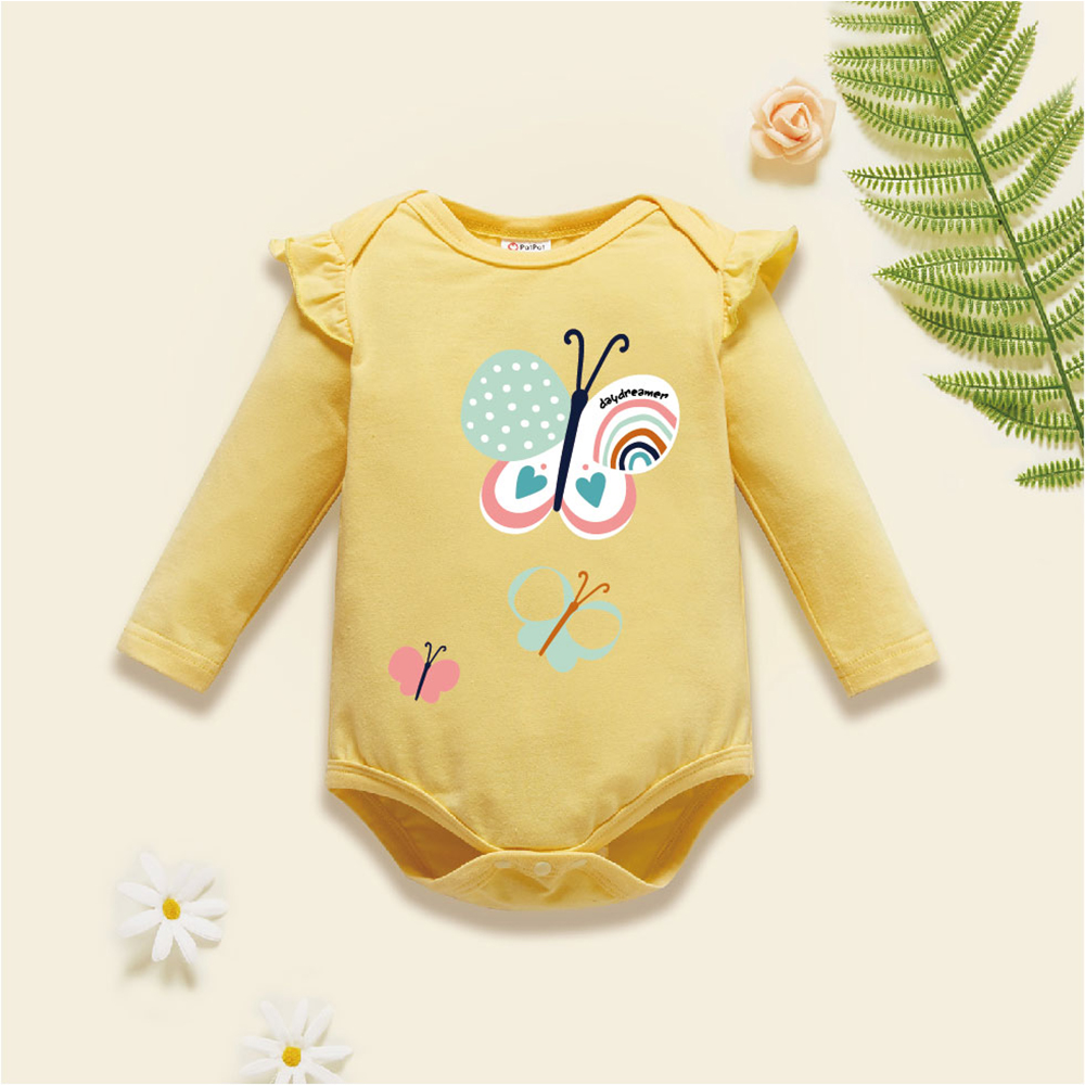 

Baby Graphic Flutter-sleeve Beige Long-sleeve Romper