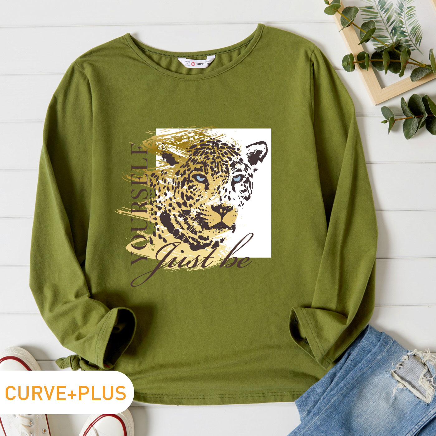 

Women Plus Size Graphic Leopard and Letter Print Round Neck Long-sleeve Tee