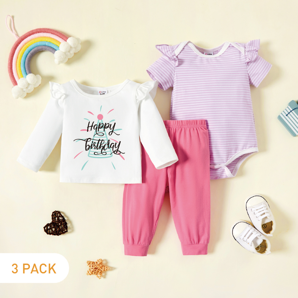 

3-Pack Baby Graphic & Striped Ruffled Romper Tee Pants Set