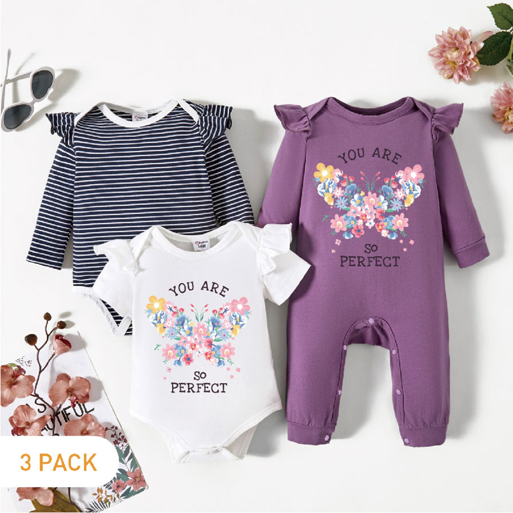 

3-Pack Baby Girl Graphic Butterfly and Floral and Letter Print Striped Ruffled Romper Jumpsuit Set