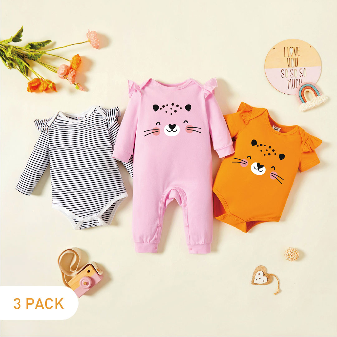 

3-Pack Baby Graphic & Striped Ruffled Romper Jumpsuit Set
