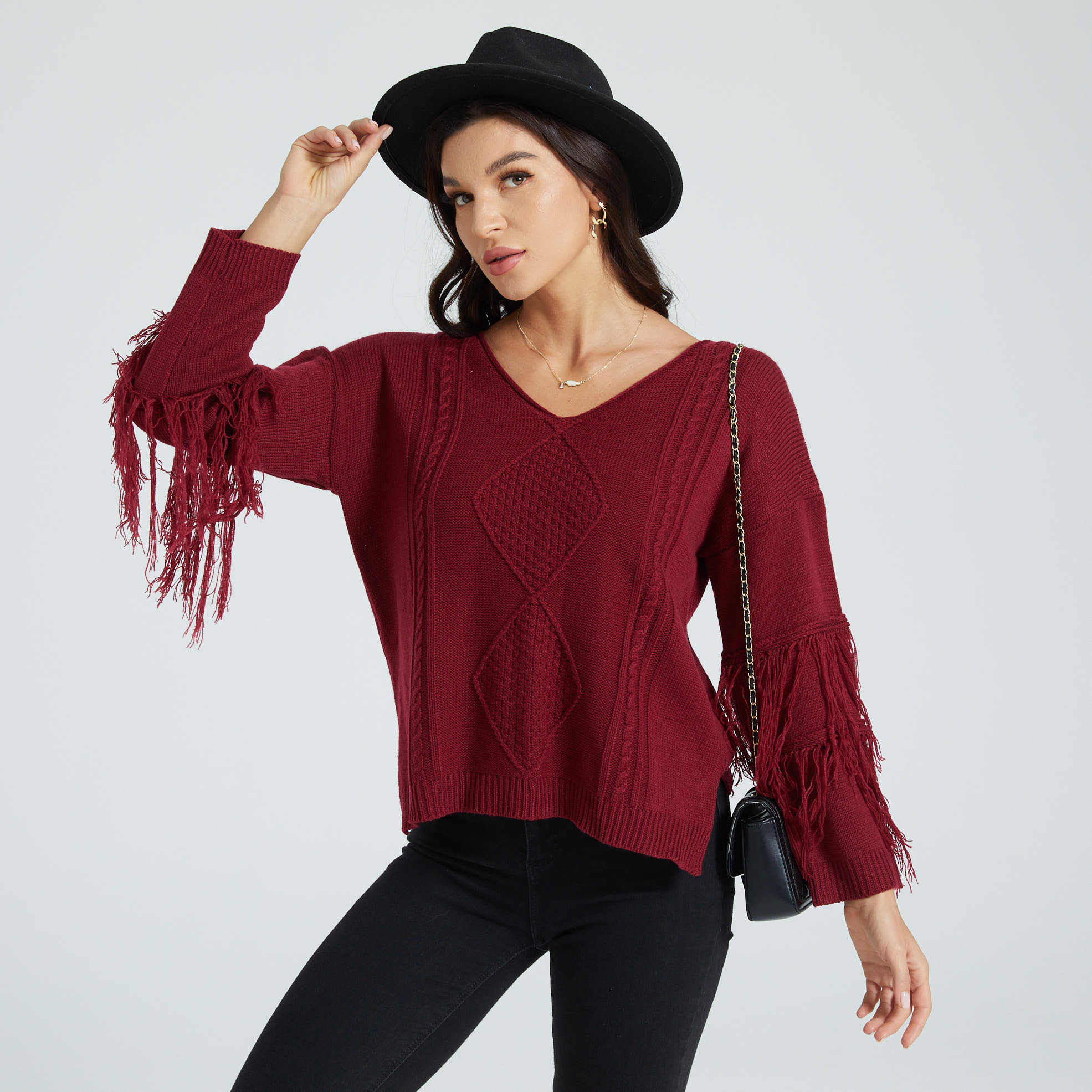 

Red Tassel Trim V Neck Long-sleeve Maternity Sweater