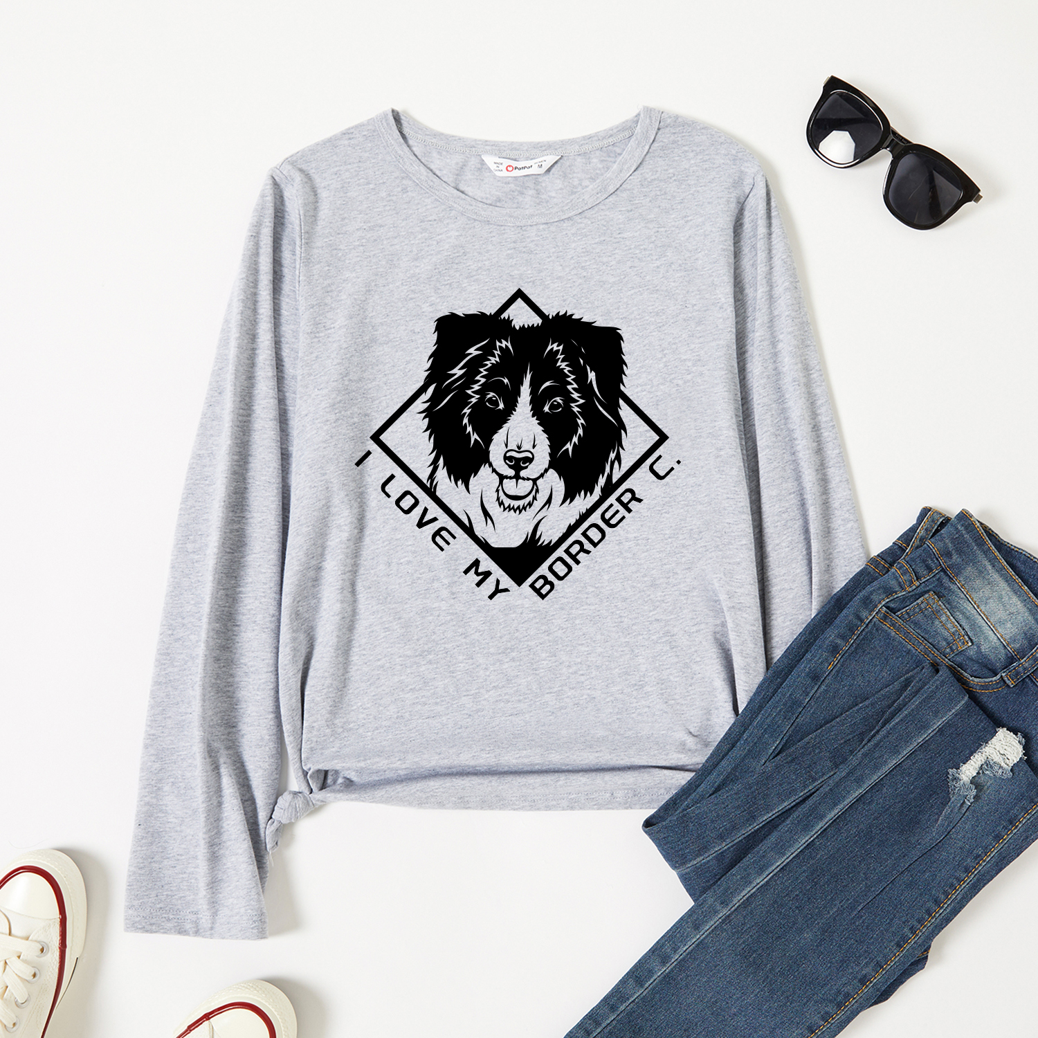 

Graphic Light gray Long-sleeve Round-collar Tee for Women
