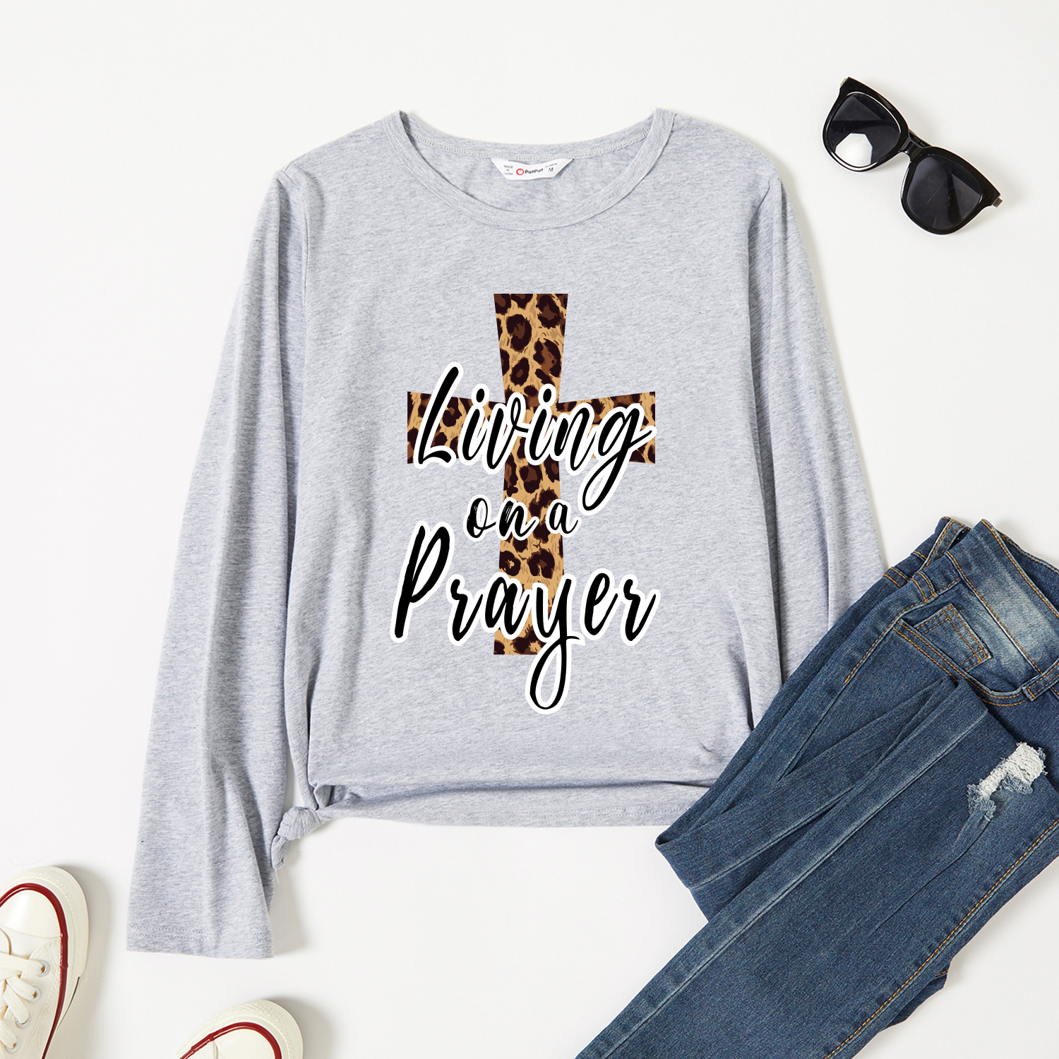 

Graphic Light gray Long-sleeve Round-collar Tee for Women