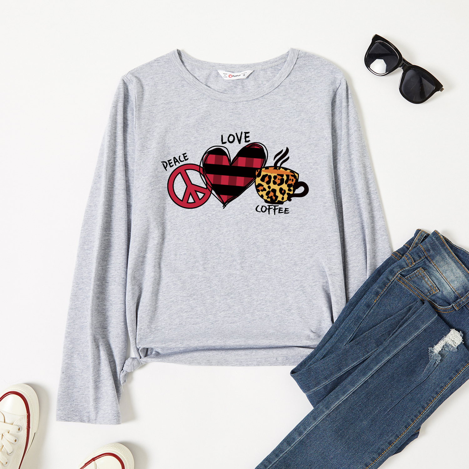 

Graphic Light gray Long-sleeve Round-collar Tee for Women